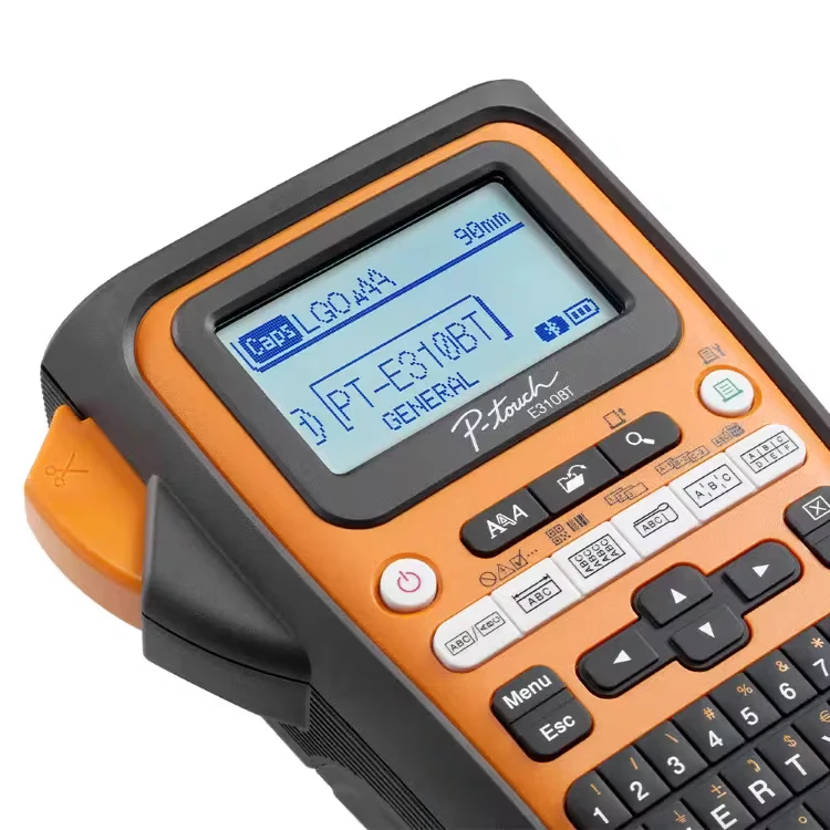 Close three-quarter view of the Brother P-touch EDGE PT-E310BT label printer against a white background, showing the screen, function keys, and keyboard.