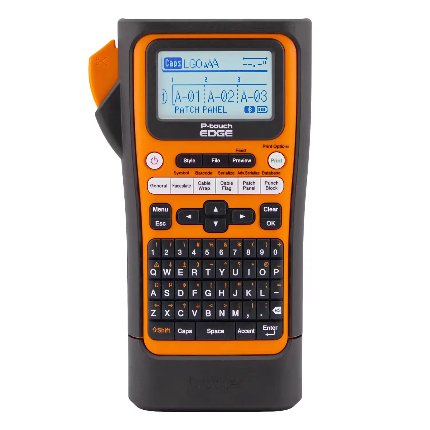 Brother P-touch EDGE industrial label printer shown straight on against a white background, with its screen, one-touch application keys for cable wraps, cable flags, patch panels and punch blocks, full keyboard, and orange housing.