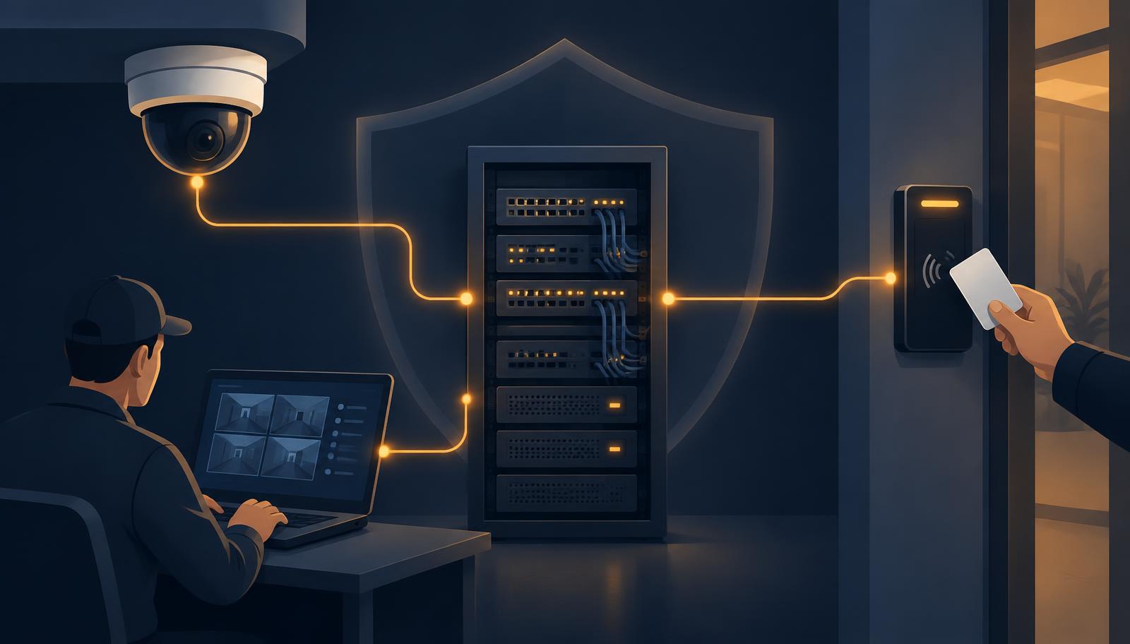 Network-connected security camera, access-control reader, and contractor workstation linked to a customer network, with a shield representing cyber protection.