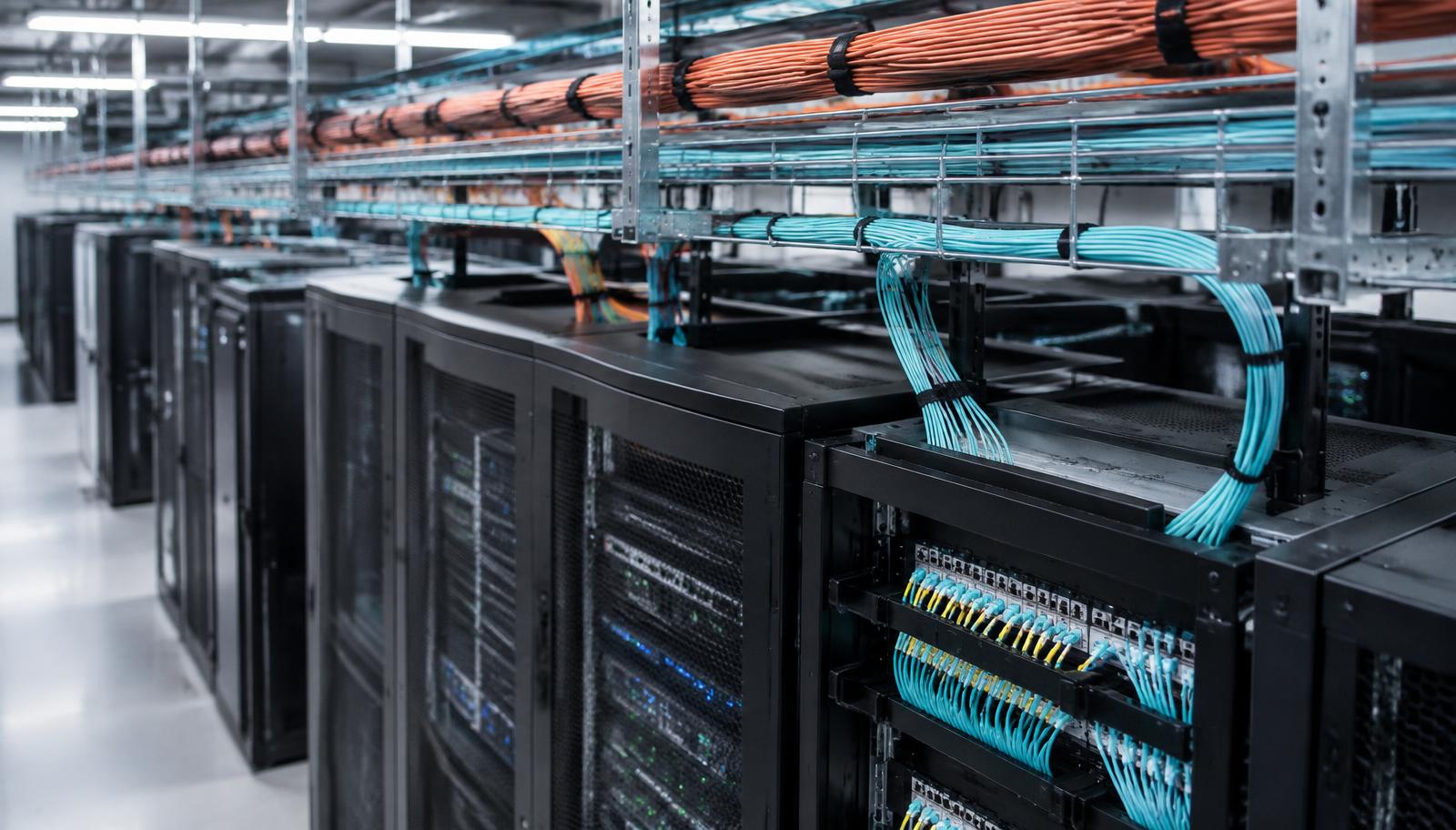Overhead cable tray and fiber patch panels above data center racks