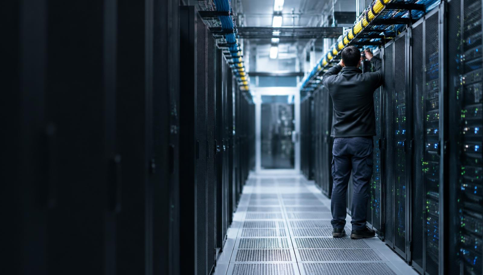 Technician working in overhead cable trays inside a data center cold aisle